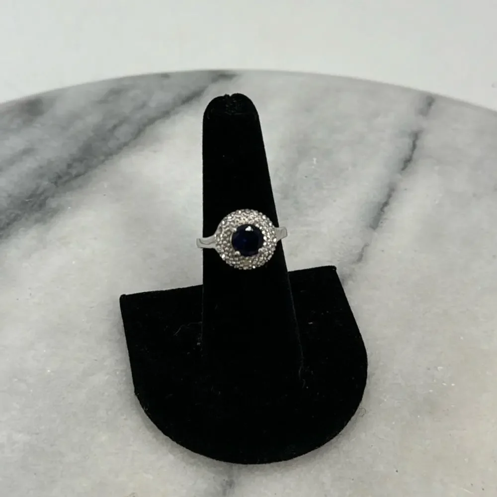 Silver plated blue glass domed halo encrusted ring size 6.5